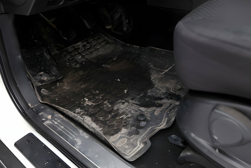 Dirty car floor mats of black rubber 